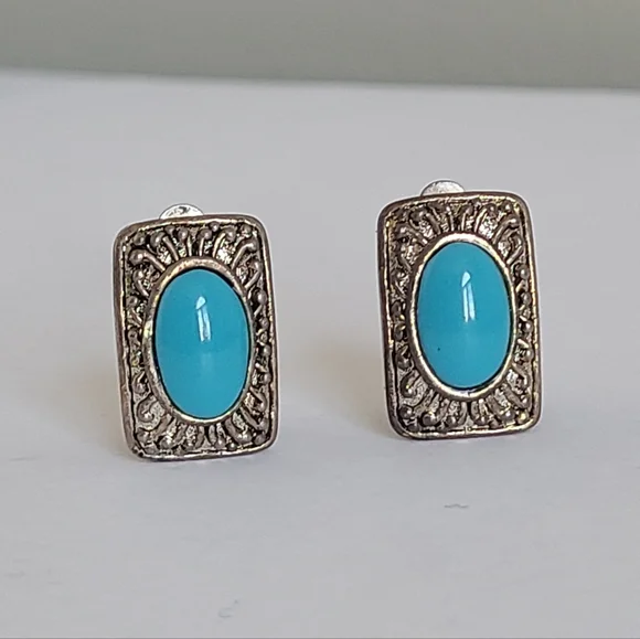 Vintage Boho Greco Roman Turquoise Silver Filigree Square Stud Clip-On Earrings - Picture 2 of 8
